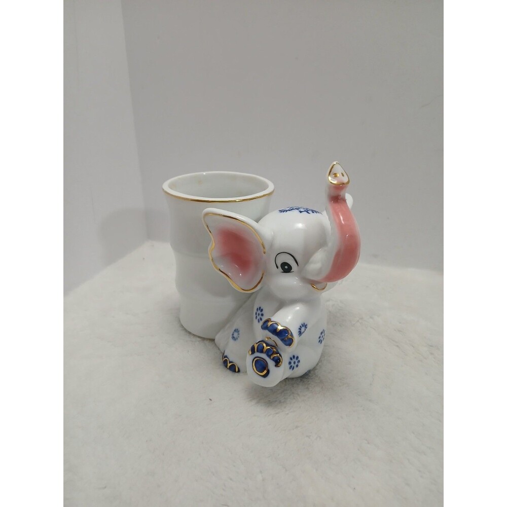 Porcelain Trunk Up Elephant Bamboo Planter Small White Blue Gold‎ Accent